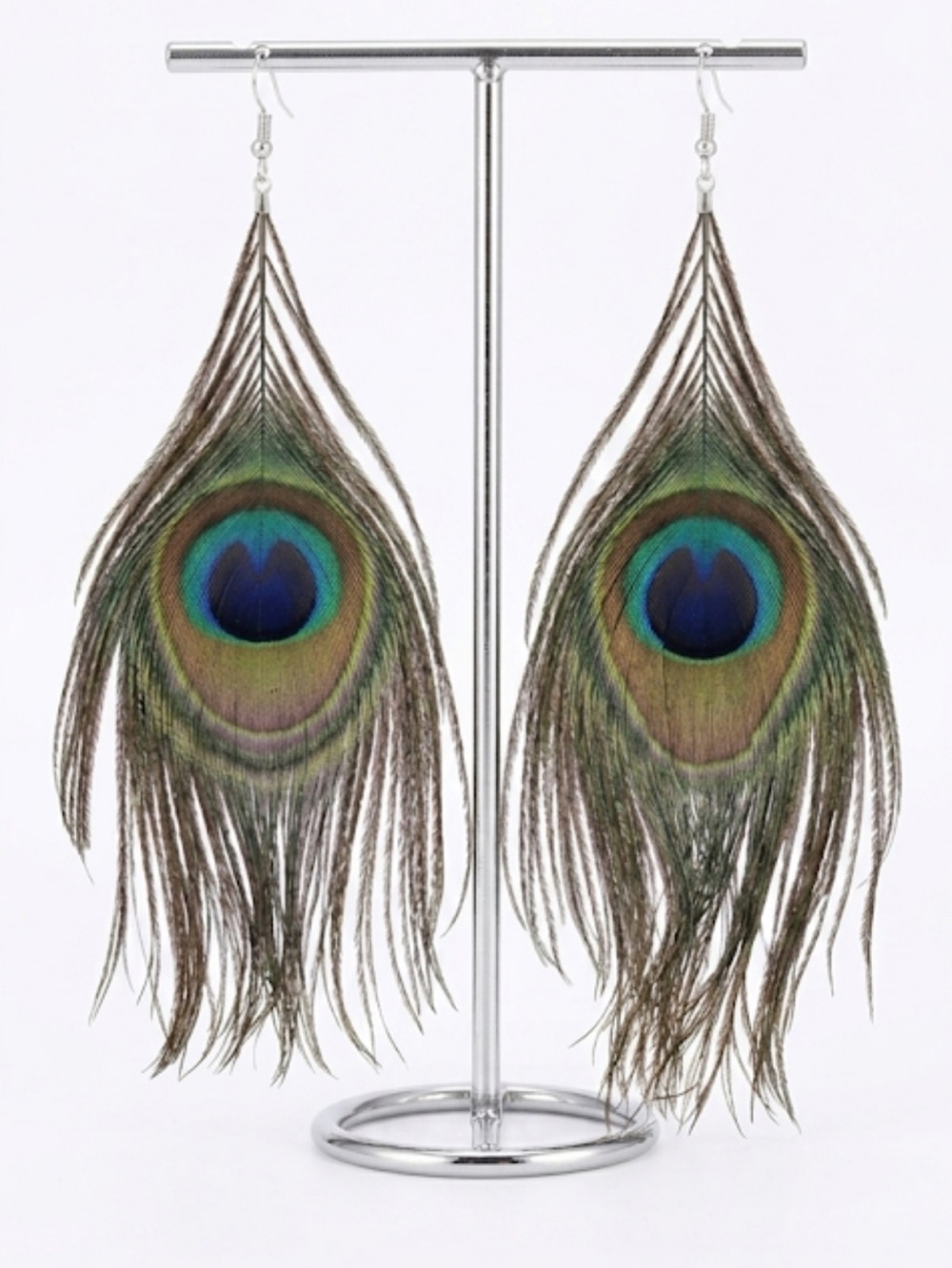 Peacock Feather Statement Dangle Earrings 5.5” Long Boho Festival - Picture 2 of 5